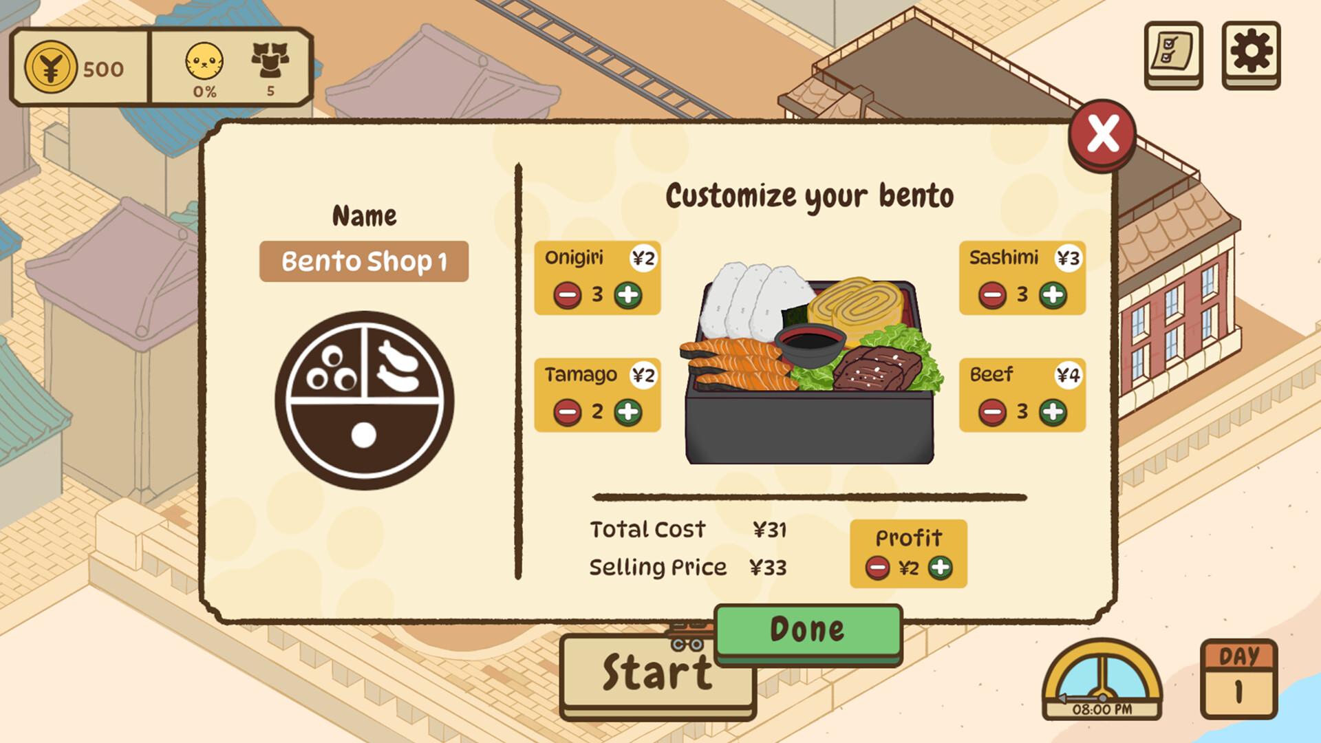 Managing shop recipes and pricing in Neko Michi